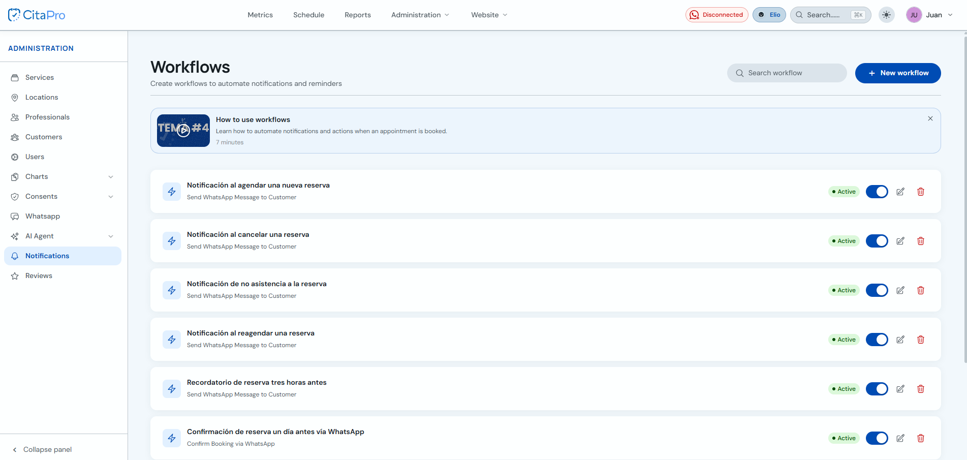 Workflows list with New workflow button