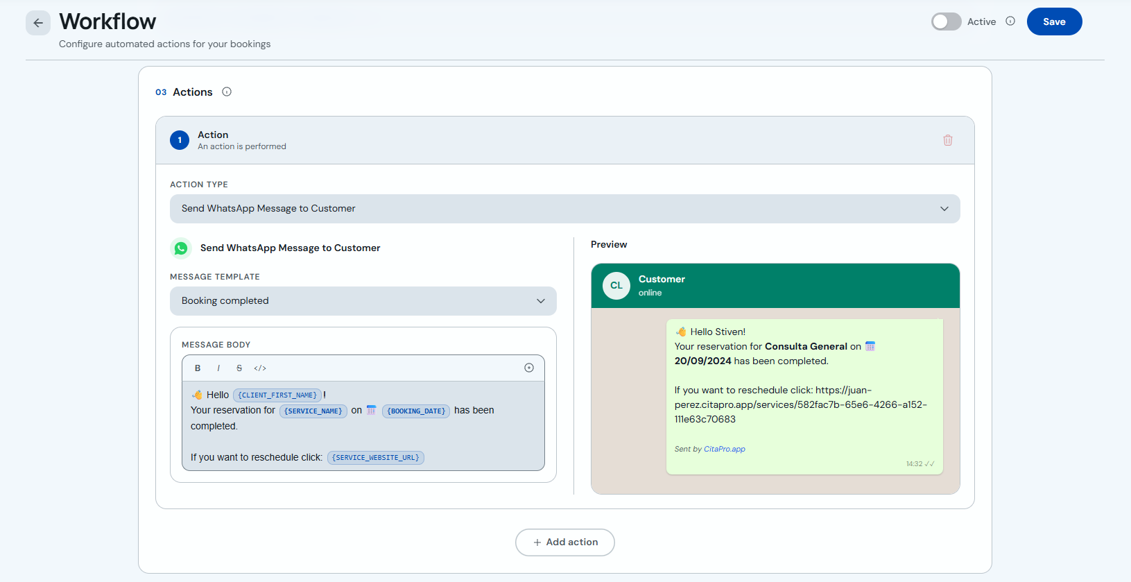 WhatsApp message setup with preview