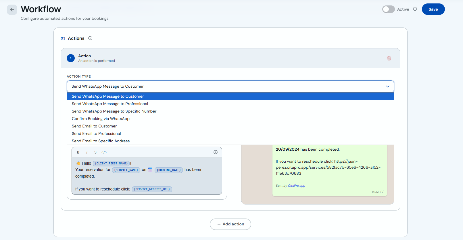 Dropdown with available action types