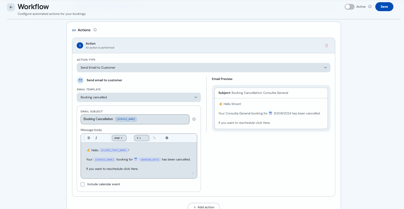 Email configuration with message preview