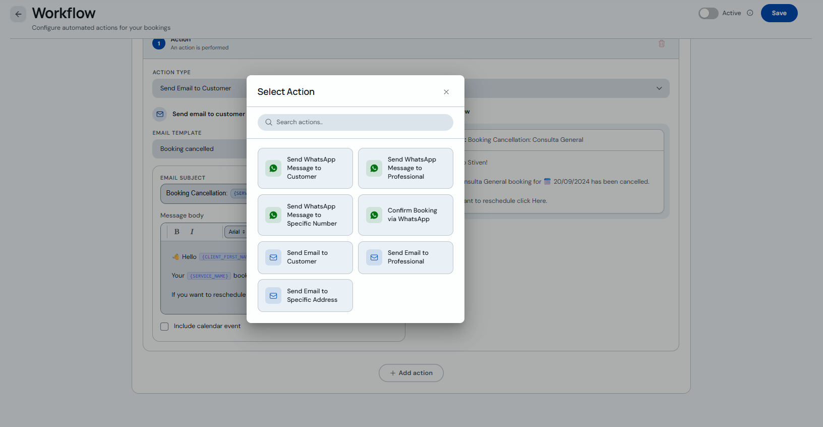 Modal to select workflow action type