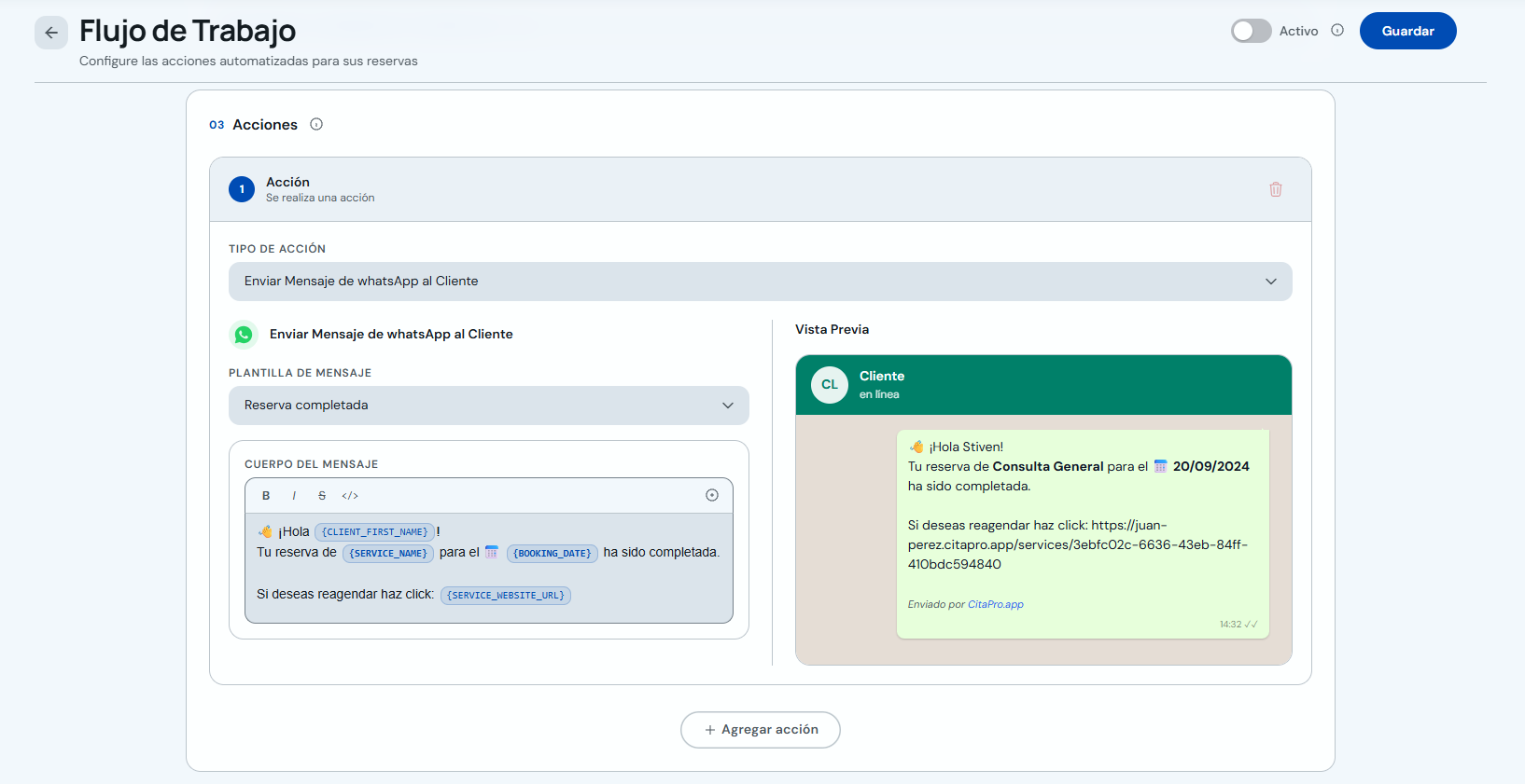 Configuración de mensaje WhatsApp con vista previa