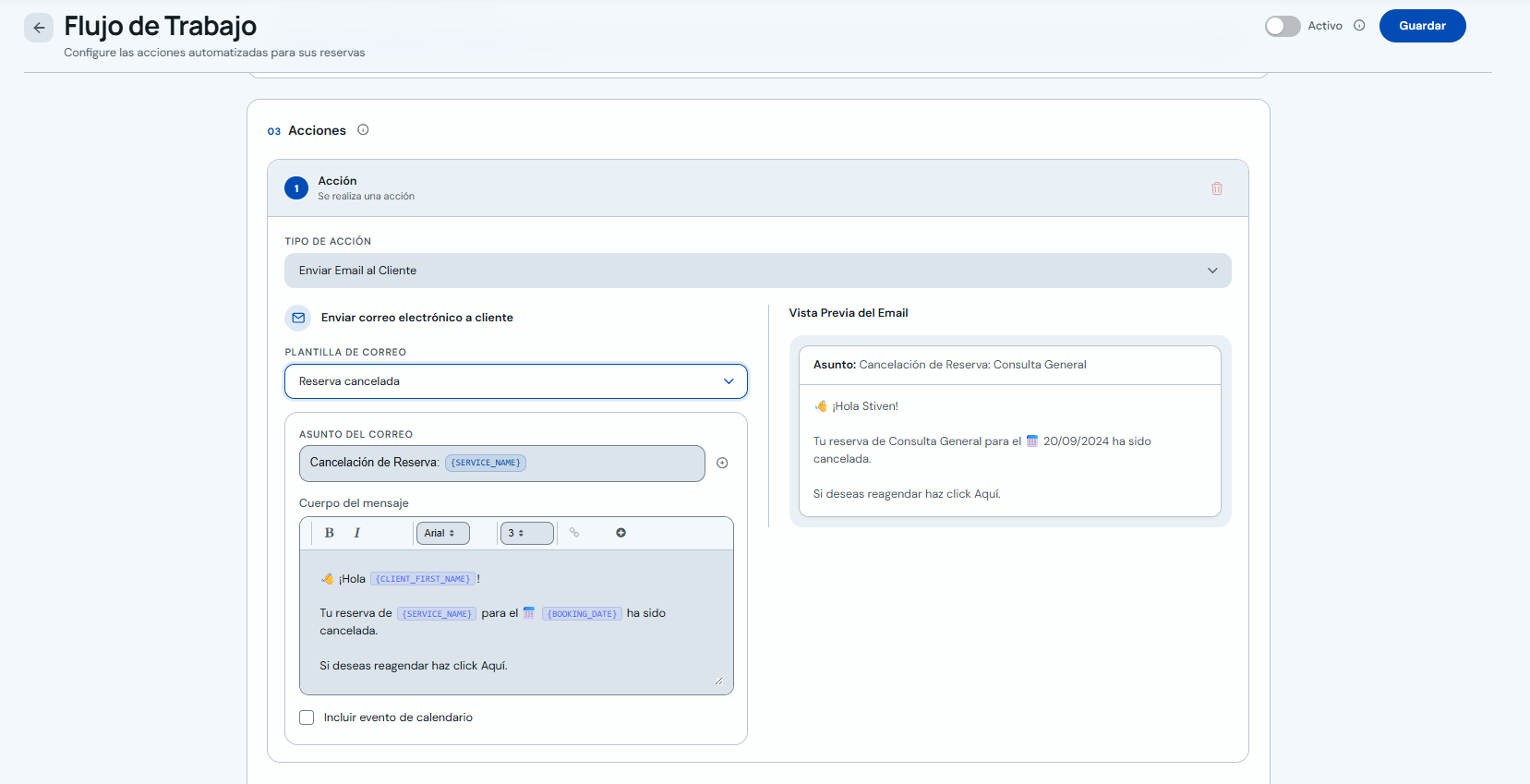 Configuración de email con vista previa del mensaje