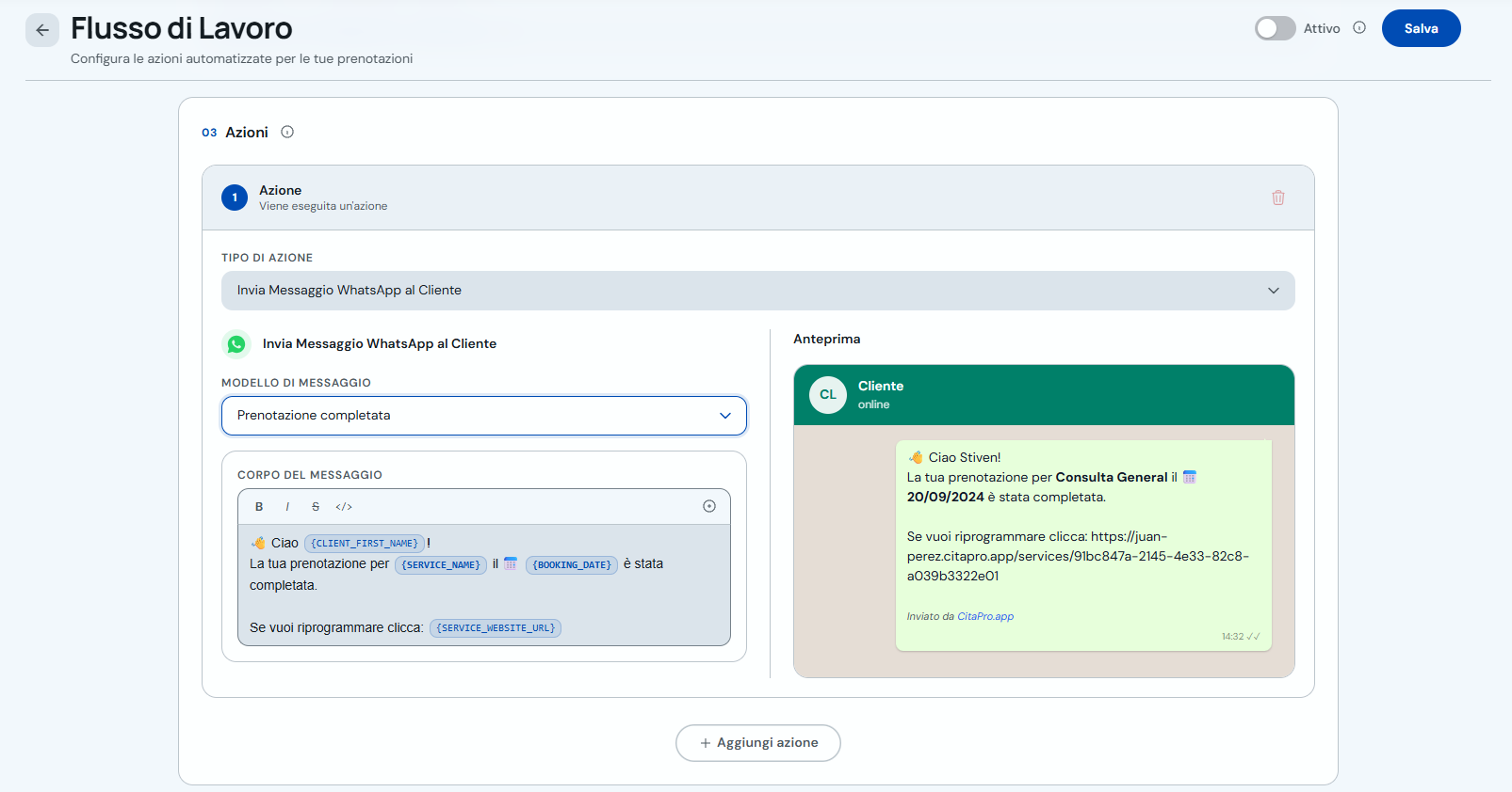 Configurazione messaggio WhatsApp con anteprima