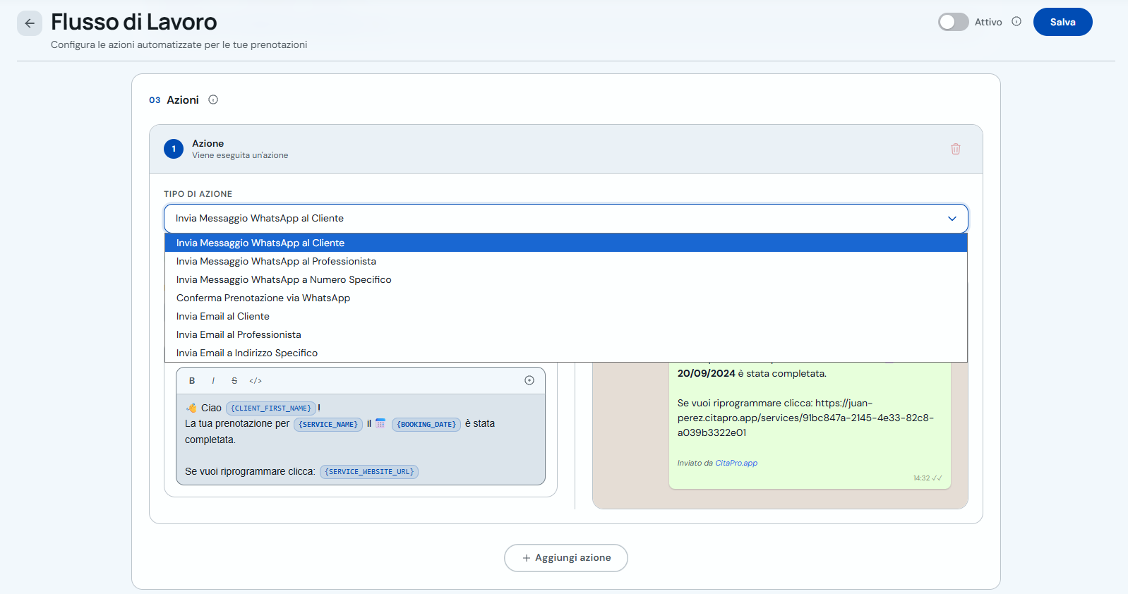 Menu con i tipi di azione disponibili