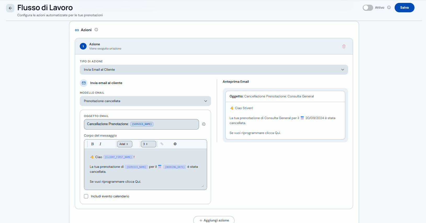 Configurazione email con anteprima del messaggio