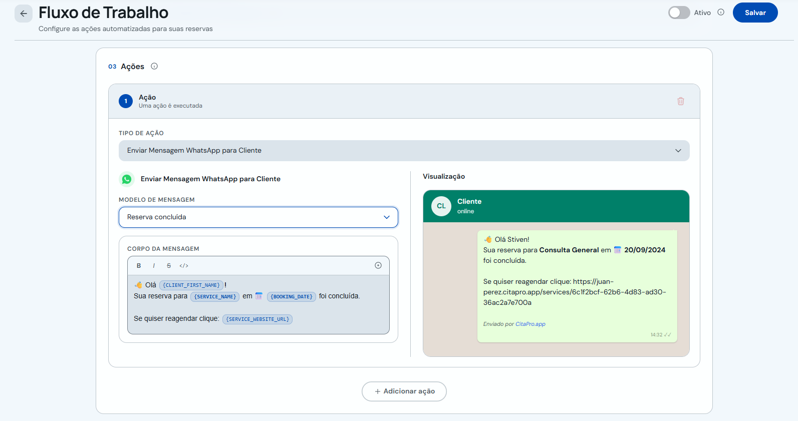 Configuração de mensagem WhatsApp com visualização