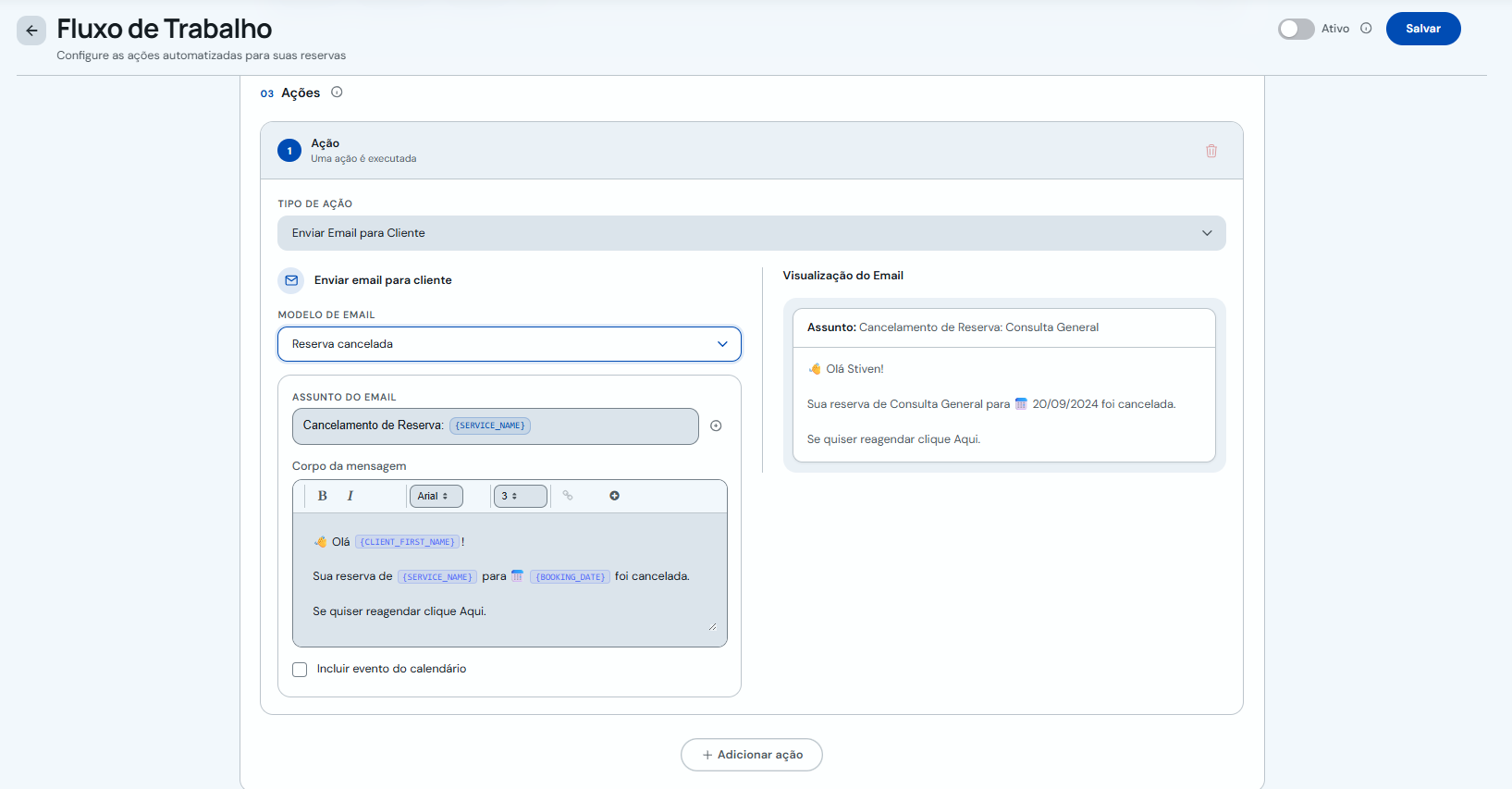 Configuração de e-mail com visualização da mensagem