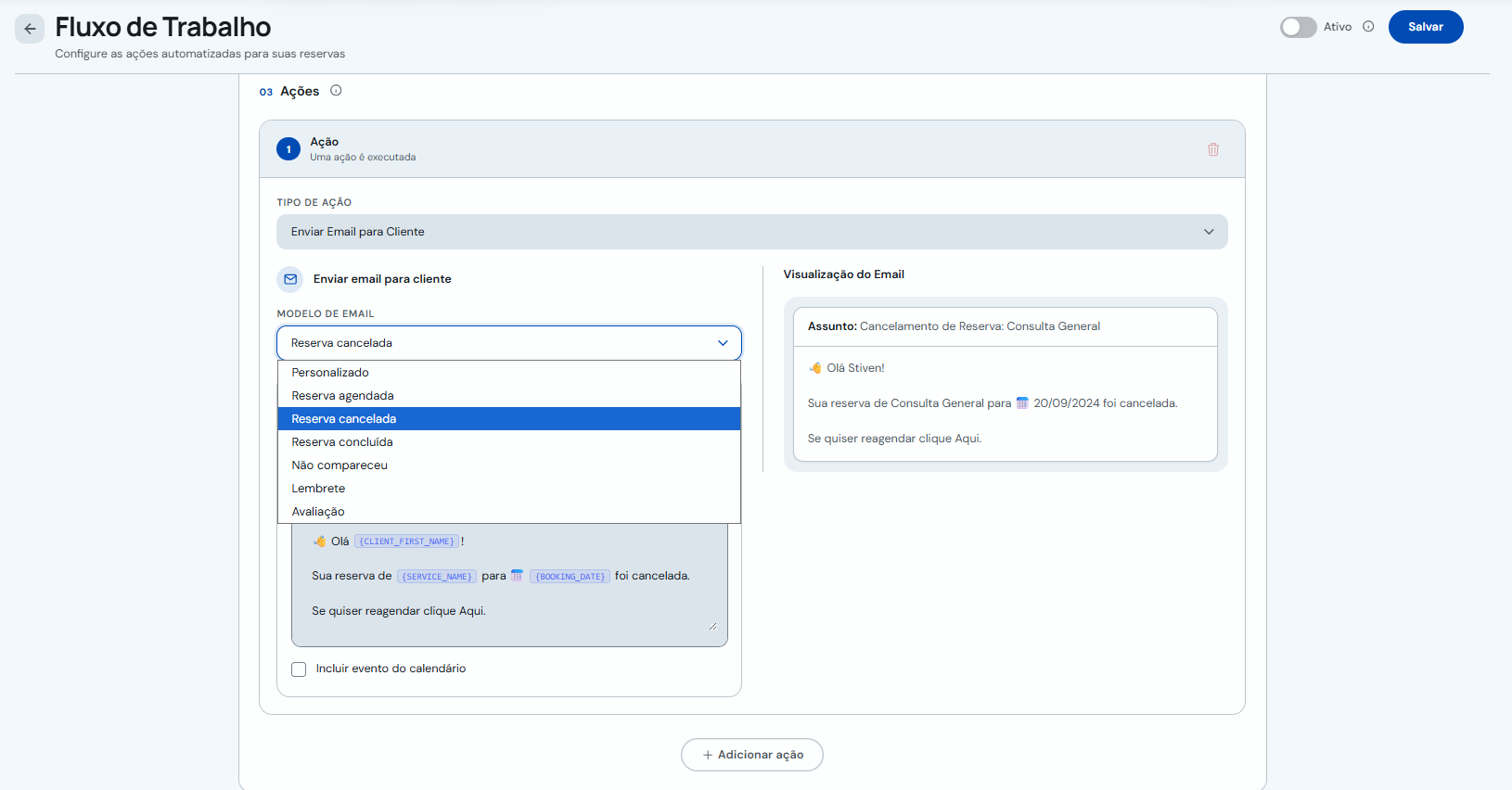 Modelos de e-mail para fluxos de trabalho