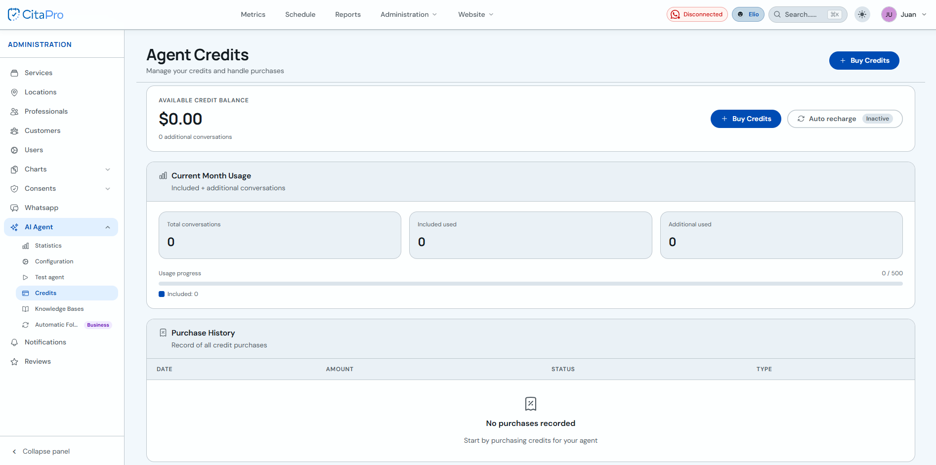 Agent Credits screen with balance, monthly usage and purchase history