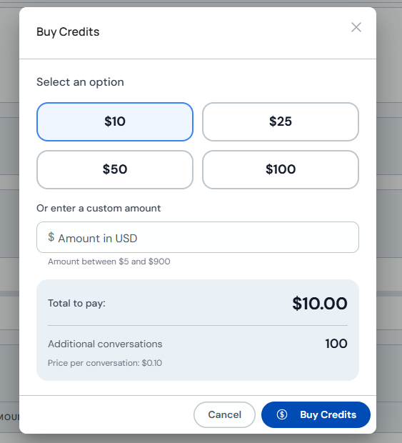 Buy Credits modal with suggested amounts and total to pay