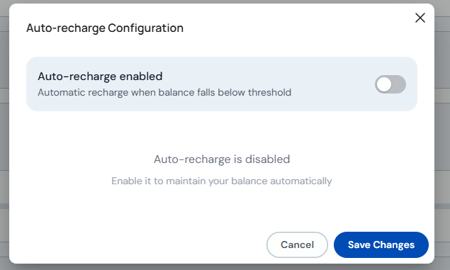 Auto-recharge settings modal for AI Agent credits