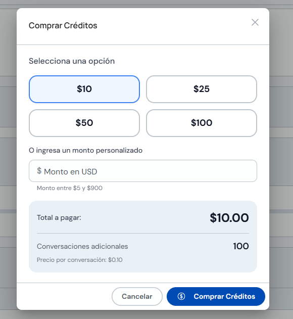 Modal Comprar Créditos con montos sugeridos y total a pagar