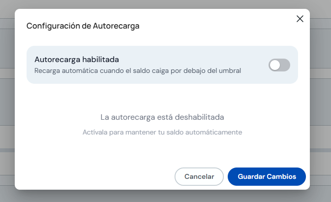 Modal Configuración de Autorecarga para créditos del Agente IA
