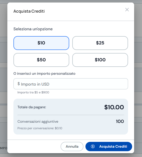 Modale Acquista crediti con importi suggeriti e totale da pagare