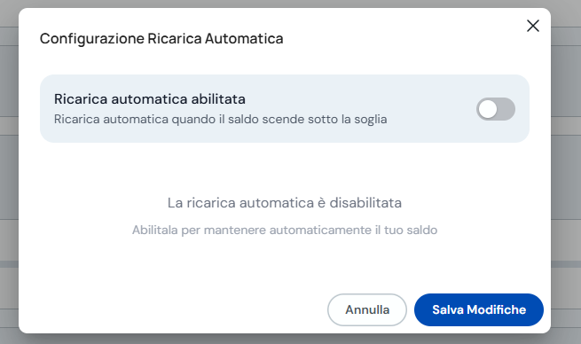 Modale Configurazione ricarica automatica per crediti dell'Agente IA