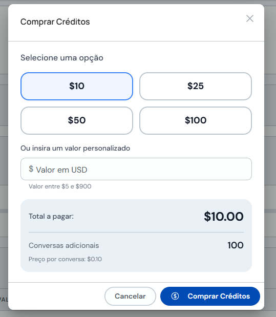 Modal Comprar Créditos com valores sugeridos e total a pagar