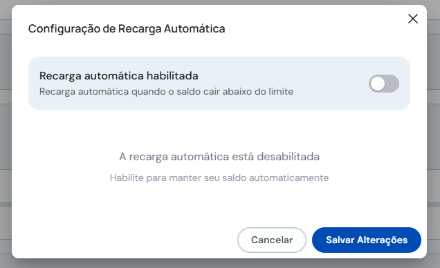 Modal Configuração de Recarga Automática para créditos do Agente IA