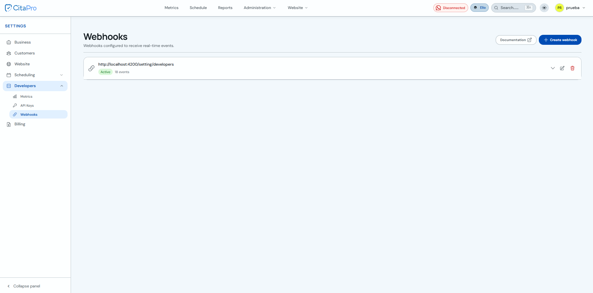 List of configured webhooks