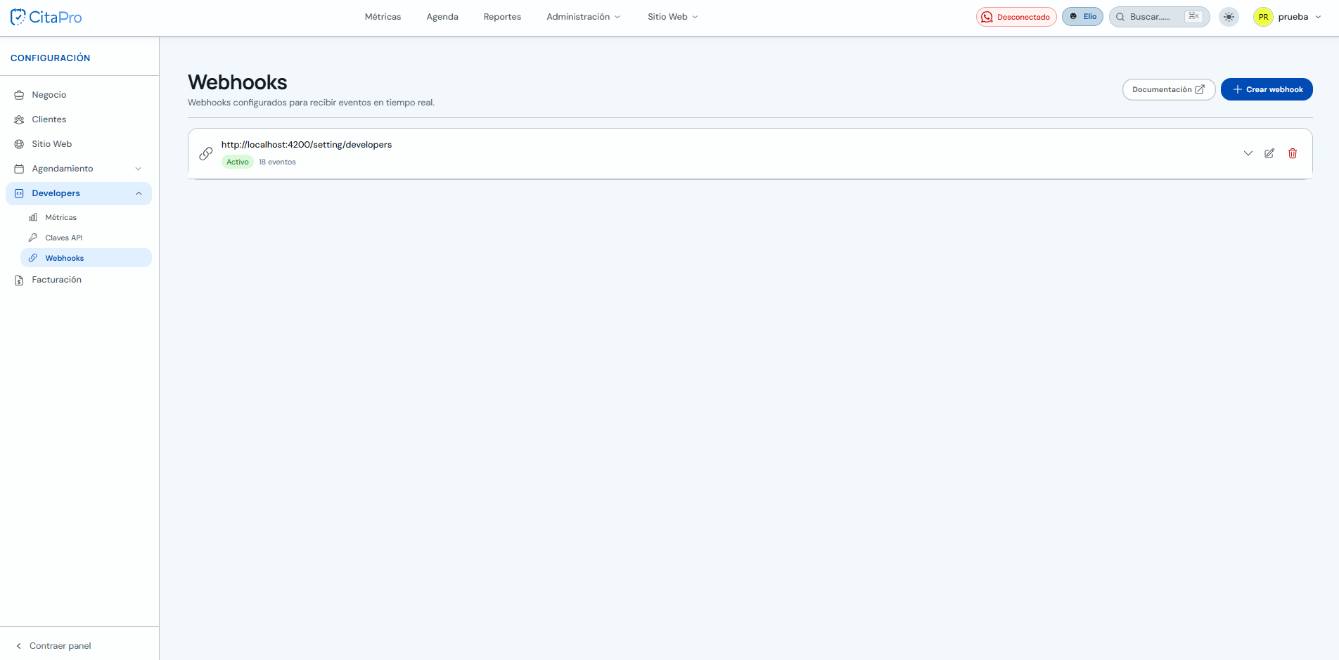 Listado de webhooks configurados