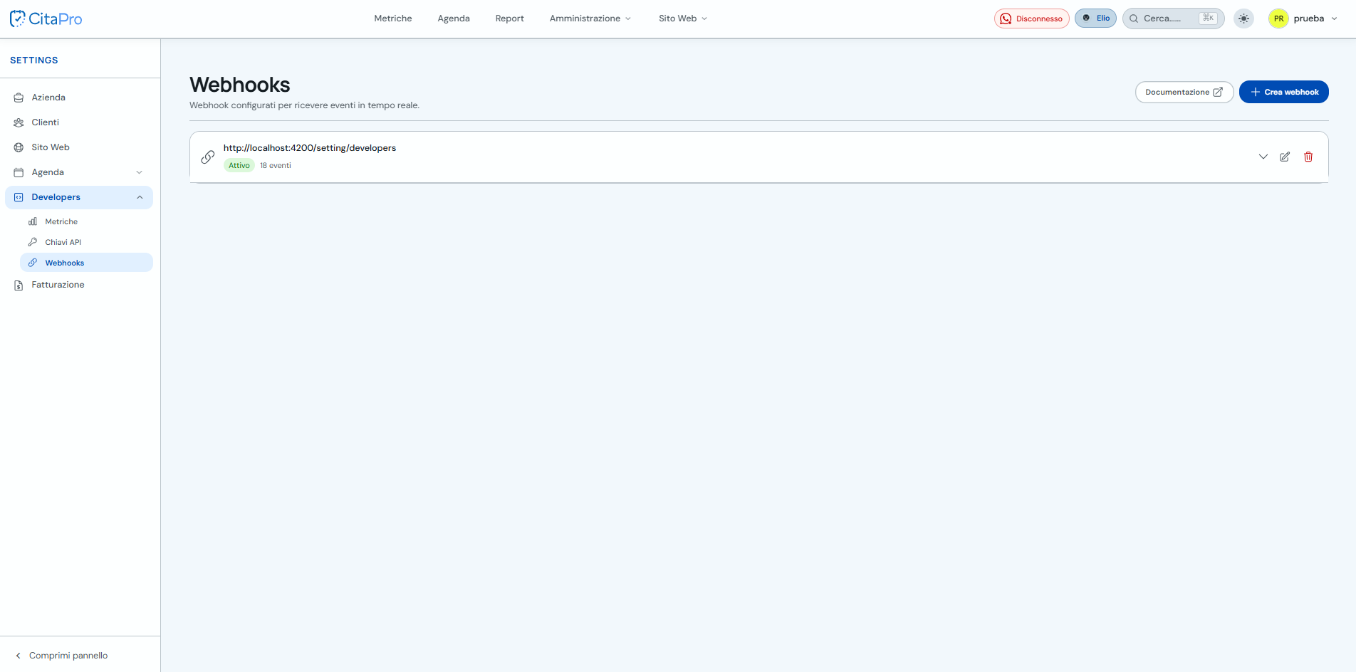 Elenco webhook configurati
