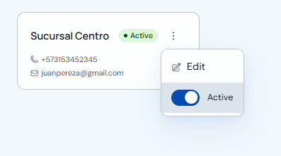Branch menu with the Active switch