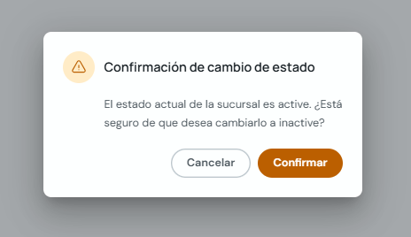 Modal de confirmación para cambiar una sucursal a inactiva