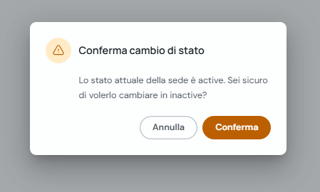Modale di conferma per impostare una sede come inattiva