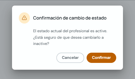 Modal de confirmación para cambiar un profesional a inactivo
