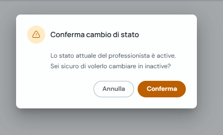 Modale di conferma per impostare un professionista come inattivo