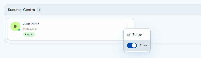 Menu de um profissional com o interruptor Ativo