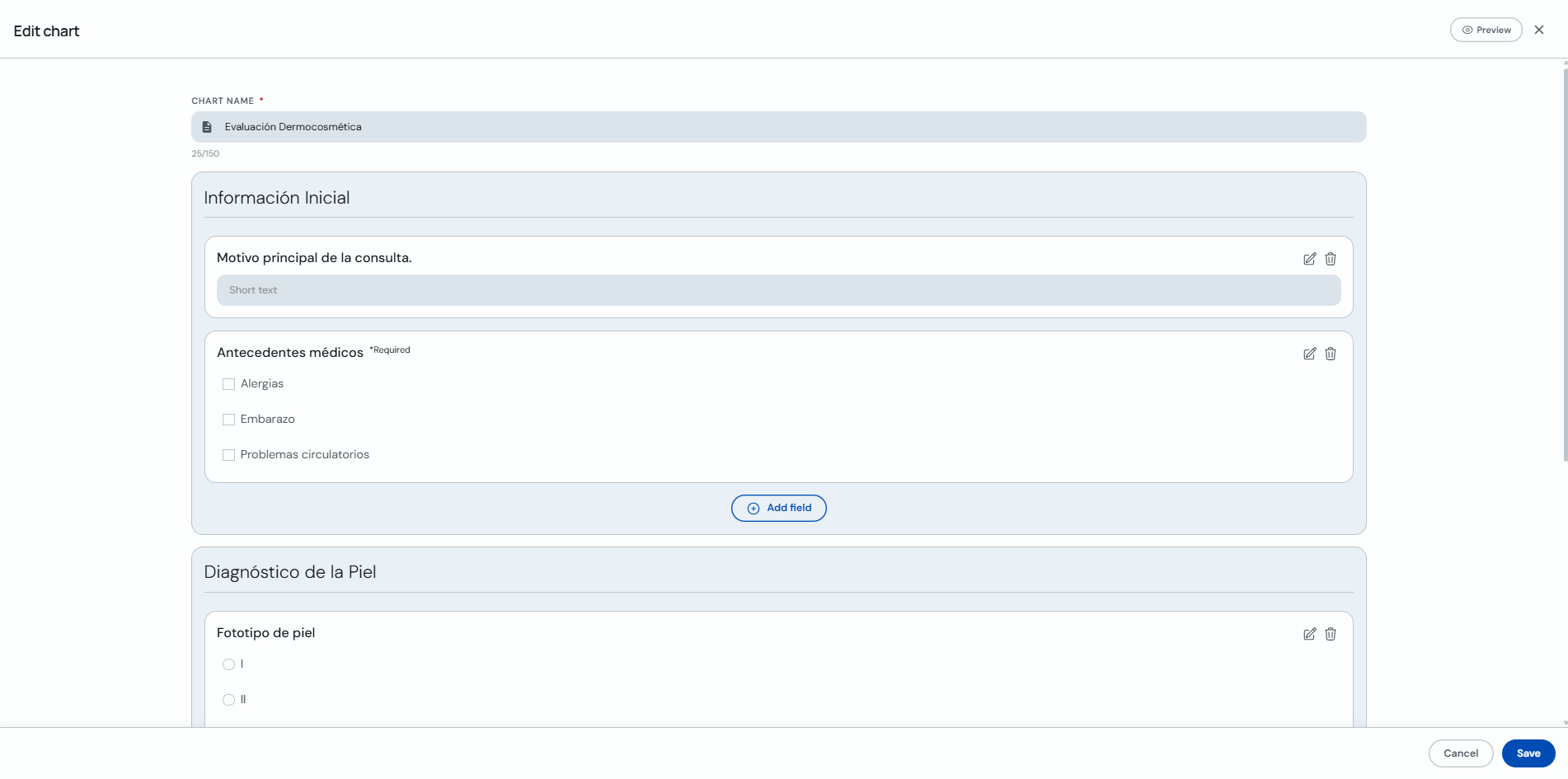 Edit form screen with sections and fields