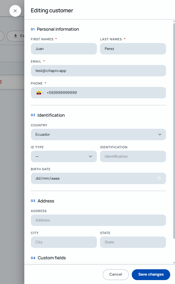 Editing client form with Save changes button