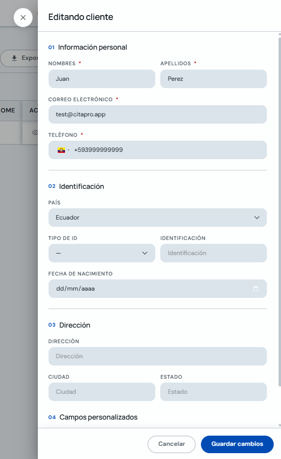Formulario Editando cliente con botón Guardar cambios