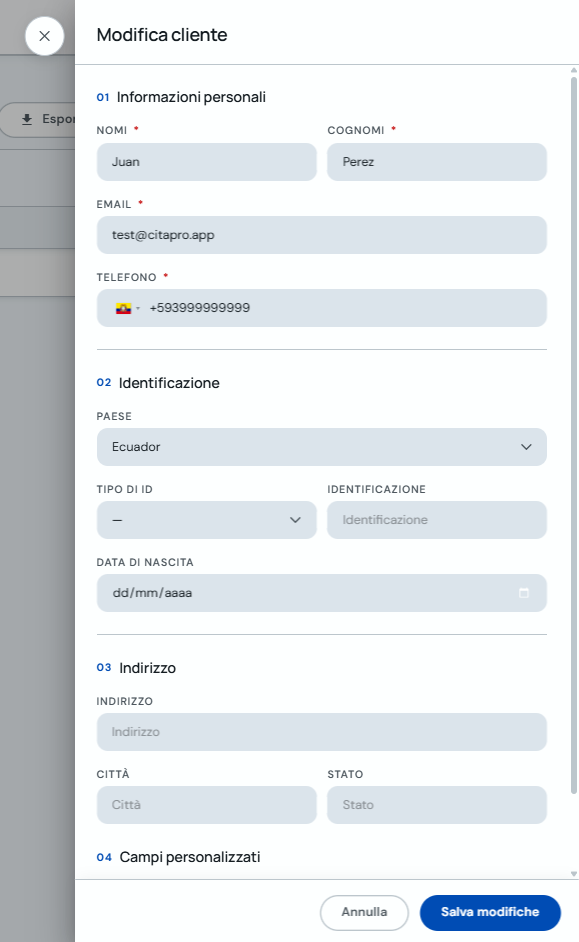 Modulo Modifica cliente con pulsante Salva modifiche