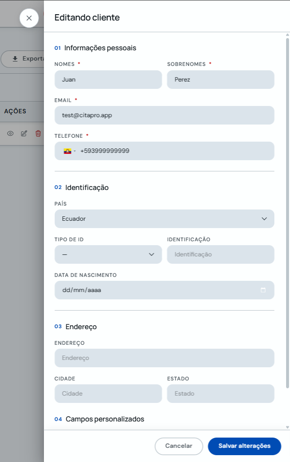 Formulário Editando cliente com botão Salvar alterações
