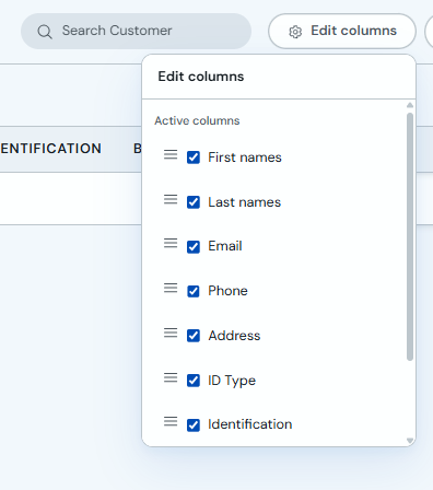 Edit columns panel with active columns and checkboxes