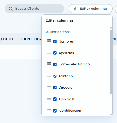 Panel Editar columnas con columnas activas y casillas de selección