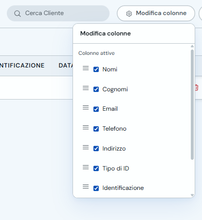 Pannello Modifica colonne con colonne attive e caselle di selezione