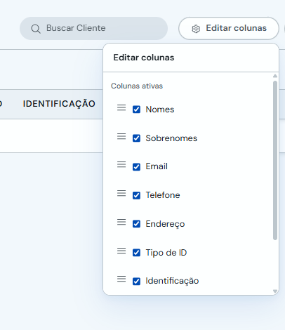 Painel Editar colunas com colunas ativas e caixas de seleção