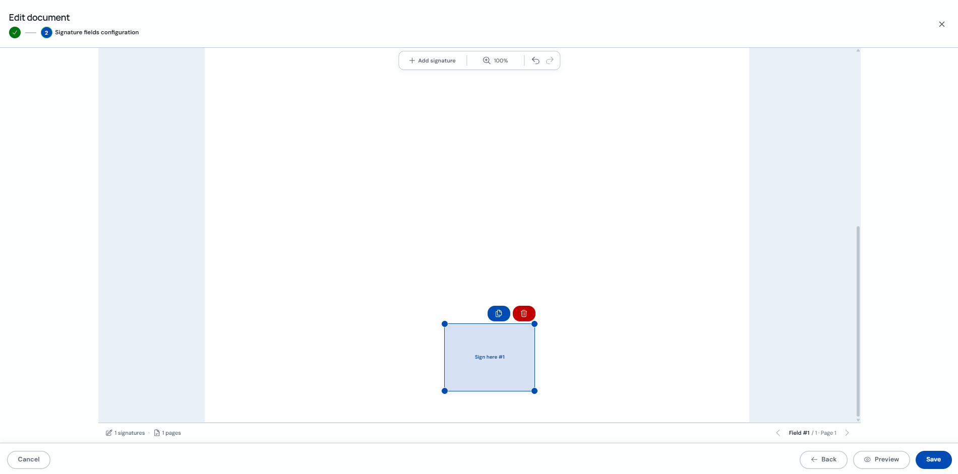 Signature field configuration when editing a consent document
