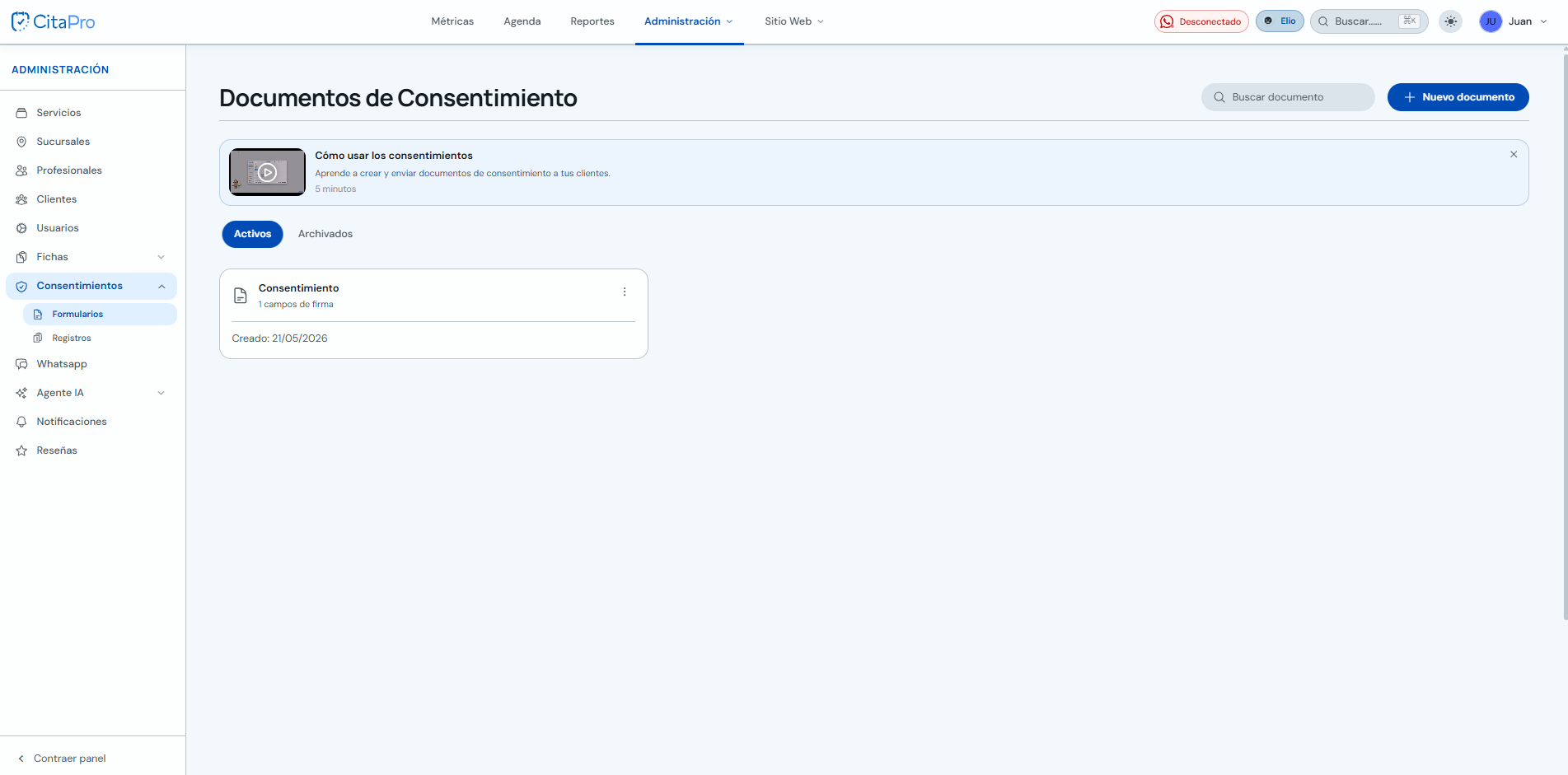 Listado de documentos de consentimiento en Formularios