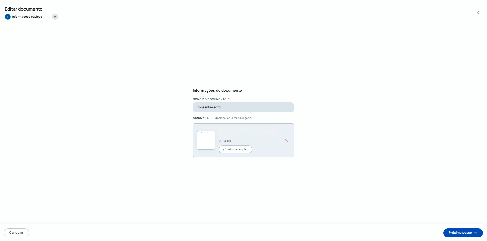 Etapa de informações básicas ao editar um consentimento
