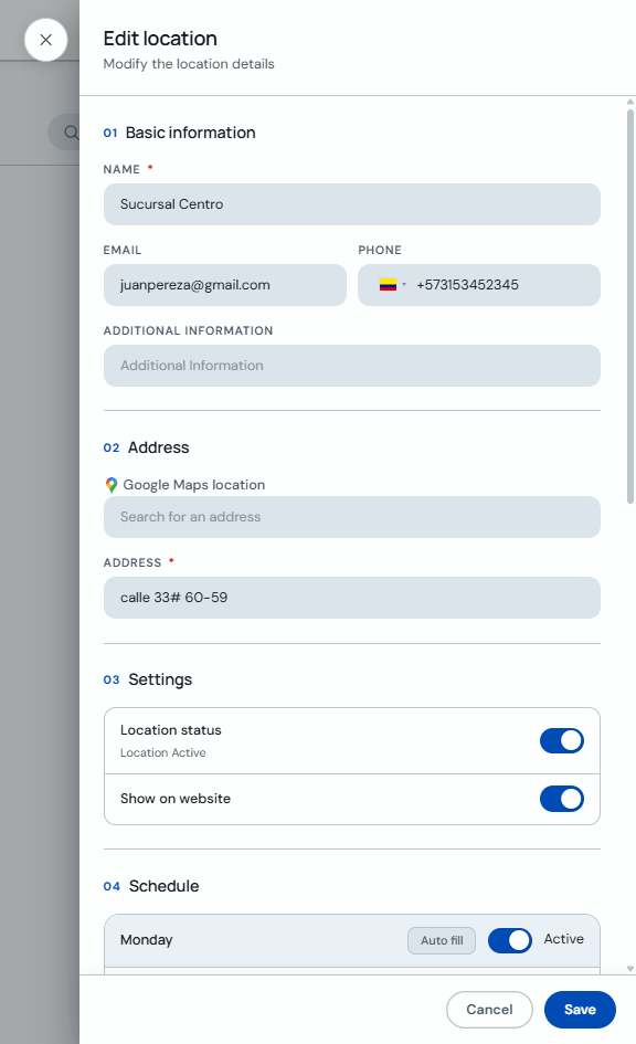 Branch edit form with save button