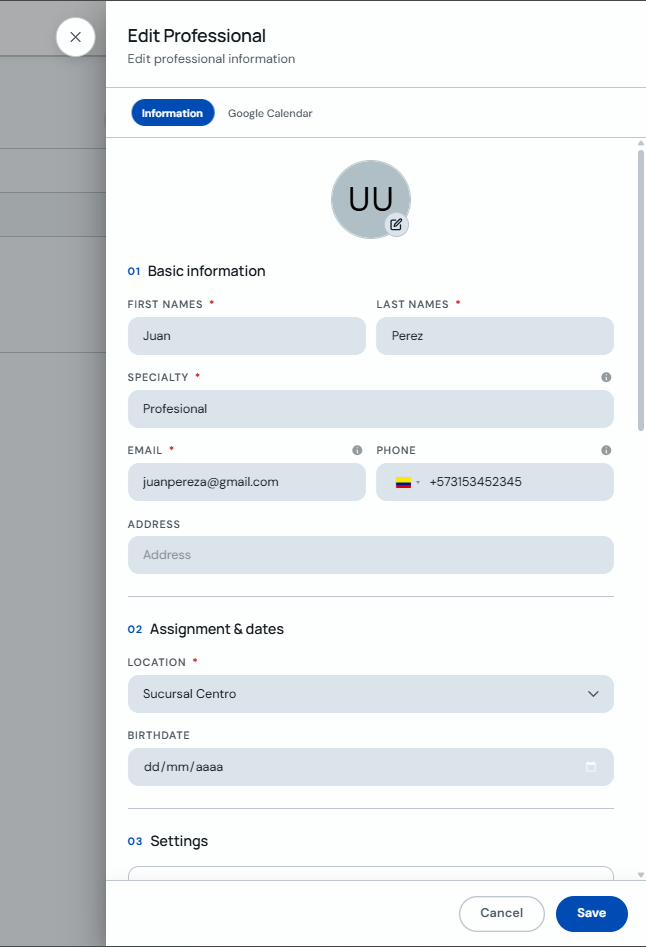 Edit Professional form with Save button