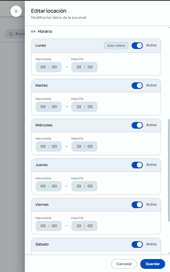 Formulario de horario de sucursal con botón Auto relleno