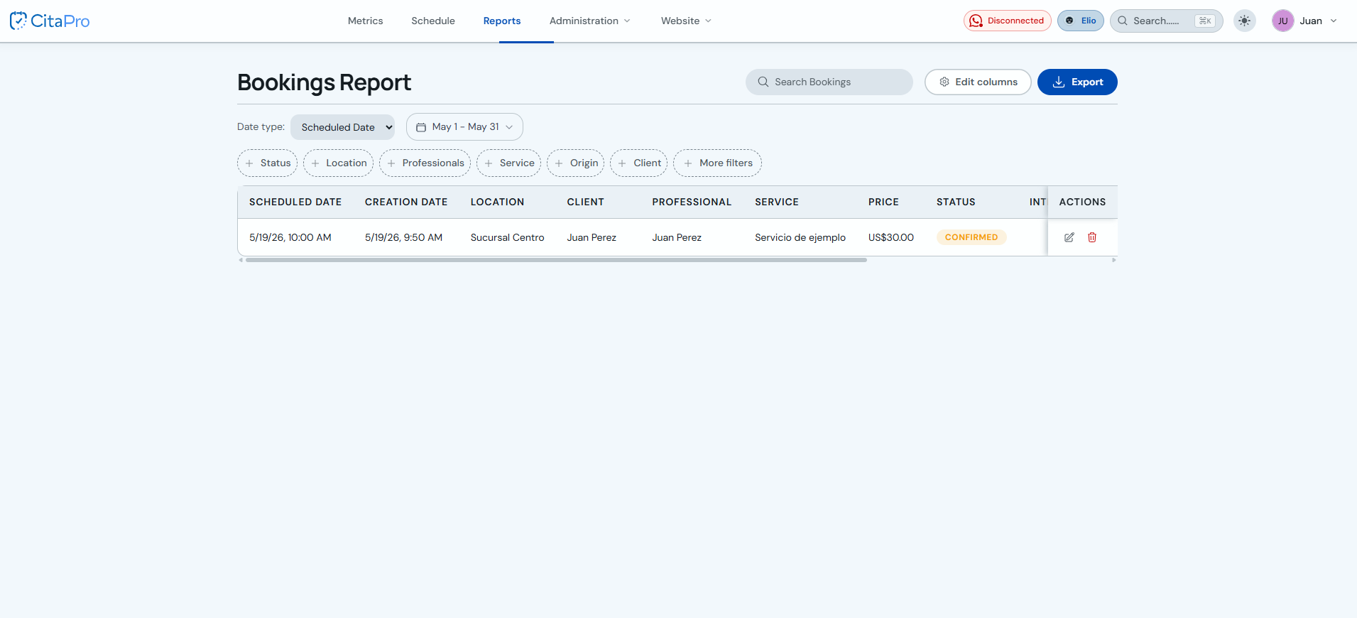 Main menu with access to Reports and bookings