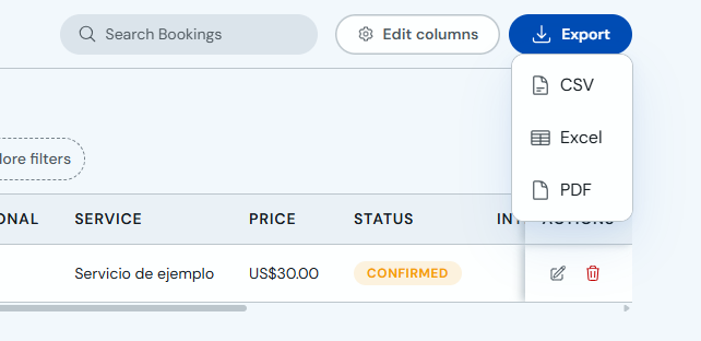 Export menu with PDF, Excel and CSV options