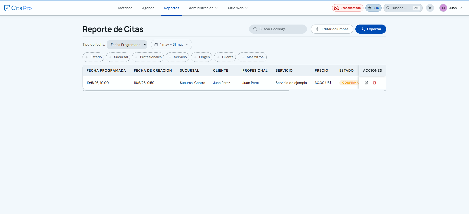 Menú principal con acceso a Reportes y reservas