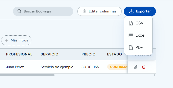 Menú de exportación con opciones PDF, Excel y CSV